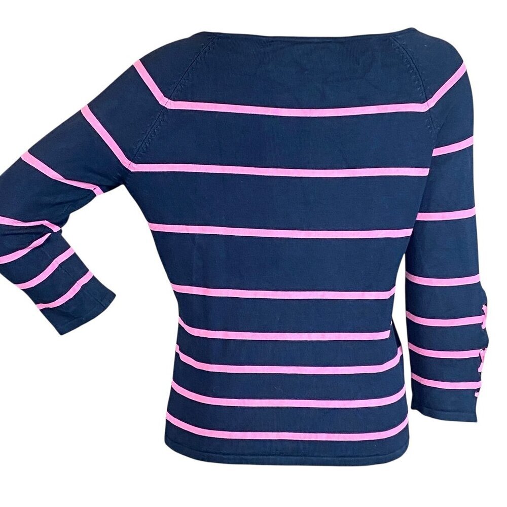 Carlisle Silk Blend Boat-Neck Striped Knit Top Sz L Navy Pink #288M - Picture 4 of 7